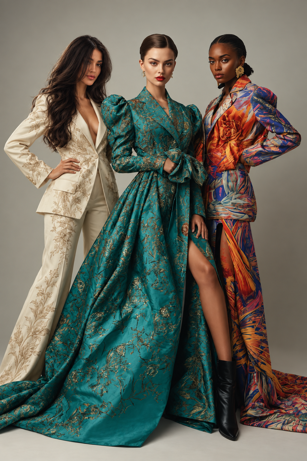 Three women in expressive brocade outfits