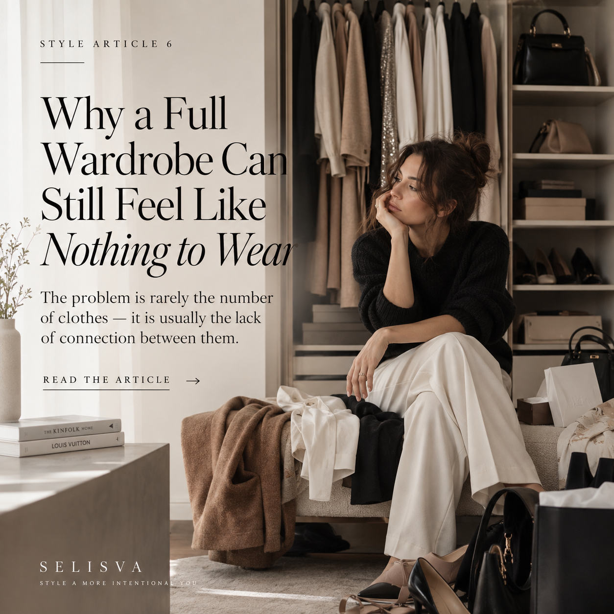 A woman considering what to wear in a full wardrobe